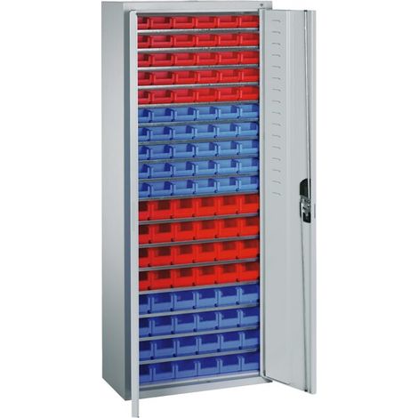 Schrank mit Sichtlagerkästen, 17x Fachboden, 30x Gr.1 rot, 30x Gr.1 blau, 24x Gr.2 rot, 24x Gr.2 blau Maße in mm (BxTxH): 700 x 300 x 1690 (1/4)