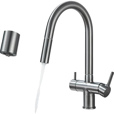 Rubinetto da cucina con doccetta estraibile, doppia maniglia e finitura color canna di fucile. (1/2)