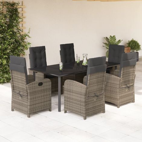 Ensemble de Jardin 7 Pièces Gris avec Table Verre Trempé 200x100 cm et 6 Chaises Réglables en Polyrotin (1/5)