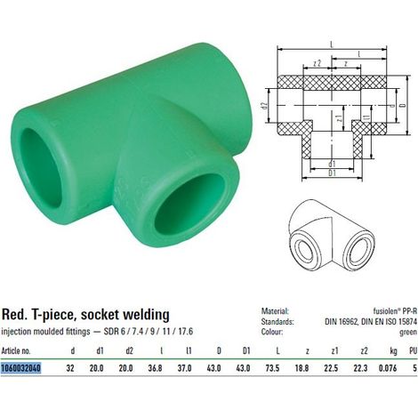 Raccordo a T Aquatherm Tee ridotto F/F/F 32X20X20 mm in PP-R impianti Termo/Idrosanitari 1060032040