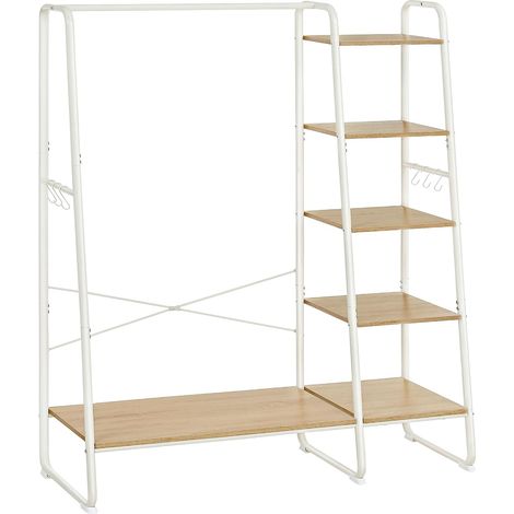 Porte-Manteau sur Pieds, Meuble Chaussure Entrée, Vestiaire, avec 5 Étagèress de Rangement, 6 Crochets, pour Chambre, Salon, Couloir, Style Industriel, Couleur Chêne et Blanc (1/5)