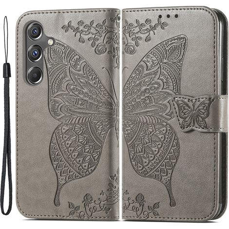 Funda tipo libro para Samsung Galaxy A15, diseño de mariposa, color gris + cristal 9H (1/5)