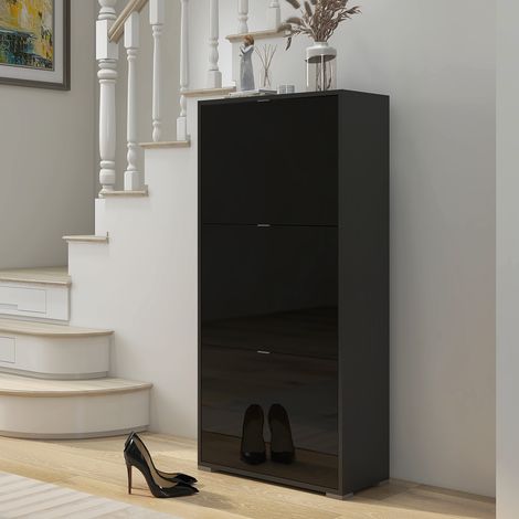 Armoire chaussures 3 portes battantes, 3 casiers en panneaux de bois, dimensions 60x26x124 cm, finition noir mat laqué.