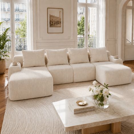 Canapé modulaire en velours côtelé pour 4 personnes (avec 2 poufs), modulable à volonté, avec porte-gobelet et poche de rangement latérale, idéal pour le salon, la salle familiale et d'autres pièces,  (1/5)