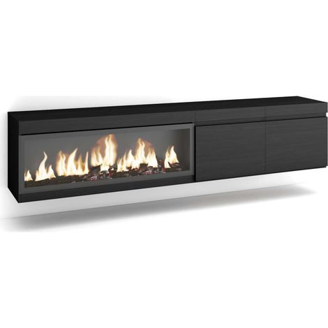 Mueble TV Istán-01 de 208x45x35 cm con chimenea y luces LED, suspendido, color negro (1/4)