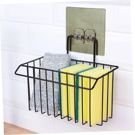 Rack de Stockage en Fer, Panier de Stockage d'Égouttures Monté Au Mur Dans la Salle de Bain, Egouttoir de Cuisine Sans Perçage avec Perche de Stockage de Chiffons Noir