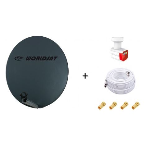 Antenne Parabole Fibre SMC 85 cm Anthracite WORLDSAT + LNB Twin 0,1dB HD 4K + Câble Coax Twin 25m + 4 Fiches F Or - Visserie en Inox (1/5)