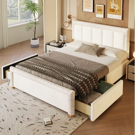 Letto matrimoniale 140x200 cm in velluto francese beige con 2 cassetti – MEUBLIV (1/5)
