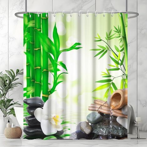 1 Rideau Douche, 180x200cm, Polyester Imperméable, Anti Moisissure, Feuilles Vert, Avec 12 Crochets