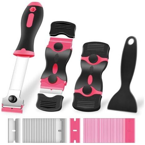 Grattoir à vitres multi-usages, outil de nettoyage avec lames de rechange pour autocollants, plaques de cuisson, décapage de peinture (rose) (1/4)