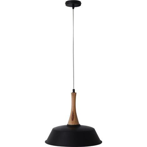Suspension Luminaire Design Industriel en Métal Noir et Cuivre avec Bois Ø 36 cm E27 - PANGIVO (1/5)