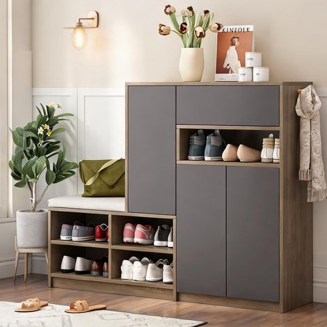 Meuble à chaussures gris avec banc rembourré et étagères (1/5)