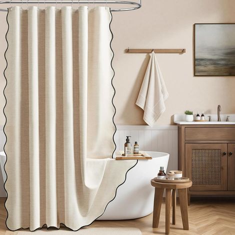 Cortina de ducha, 180 x 200 cm, textura de lino, impermeable, borde en forma de abanico, beige  Reverso laminado, impermeable, textura de lino, estilo bohemio, resistente al moho, dobladillo con peso, (1/5)