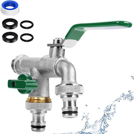 1/2 Zoll Doppelwasserhahn, Gartenarmatur, Messing Doppelwasserhahn mit 2x 3/4 Zoll, Doppelanschluss und Schlauchende für Garten, Haushalt und Industrie (Grün)