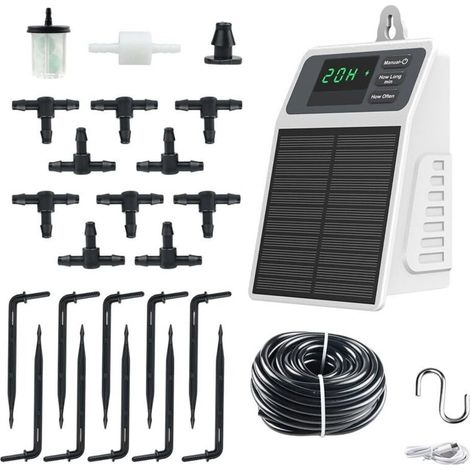 Sistema di irrigazione a goccia con timer solare per la cura automatica delle piante, impermeabile IPX5, portata 630 ml/min, adatto per giardini e piante in vaso.