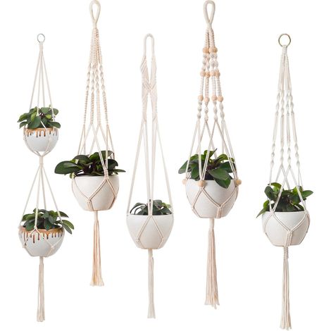 Set di 5 cestini portapiante intrecciati da appendere, stile bohémien, per interni/esterni, da soffitto e da parete. (1/5)