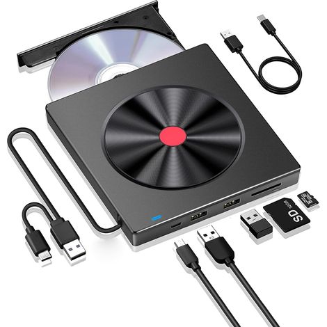 Grabadora de CD/DVD externa, unidad de CD/DVD externa USB 3.0 y tipo C, lector de tarjetas SD/TF, unidad de disquete externa para PC/portátil/computadora de escritorio/Windows 11/10/8 (1/5)