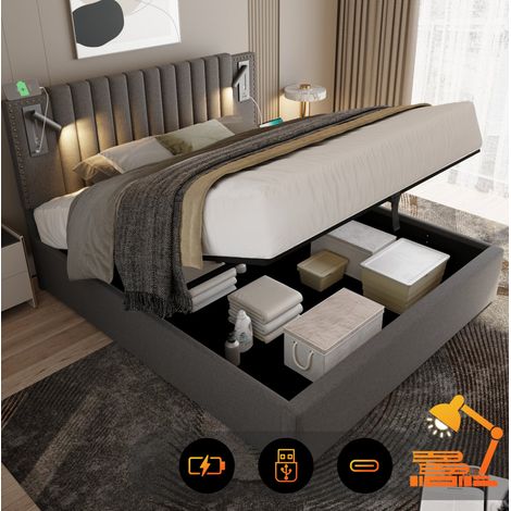 Cama tapizada vintage 160x200 cm gris de algodón, cabecero regulable con luz de lectura USB y arcón