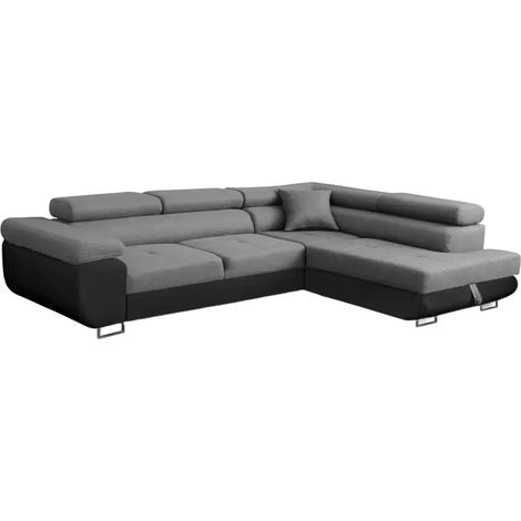 Mobilier Deco – Canapé d'angle convertible gris et noir – Coffre de rangement – Méridienne à droite – Tissu et simili cuir (1/5)