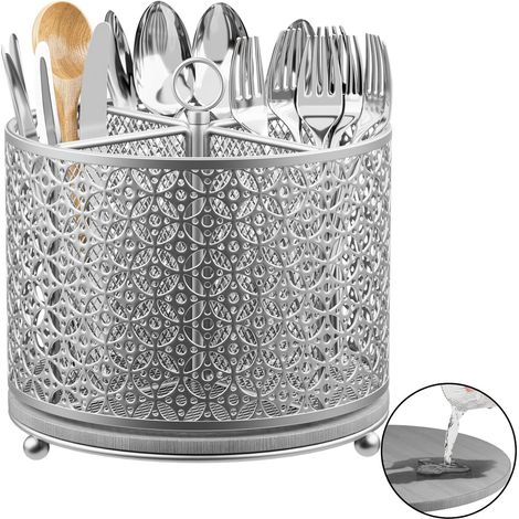 Kitchen Utensil Holder Rotating Utensil Holder Quick Dry Cutlery Organizer with 4 Compartments Large Cutlery Holder with Handle for Kitchen, Worktop, Party, Picnic, Table - Silver (1/5)