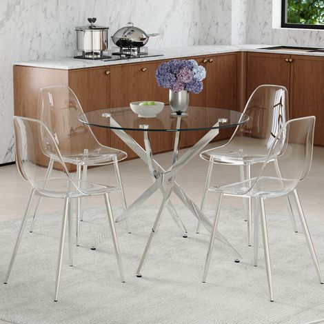 Esstisch Set rund 88 cm mit 4 Stühlen Glas Transparent OKMYHOME (1/5)