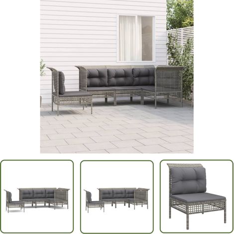The Living Store Salon de jardin 5 pcs avec coussins Gris Résine tressée - Salon De Jardin - Mobilier De Jardin - Ensemble De Salon - Meubles De Jardin - Résine Tressée (1/5)