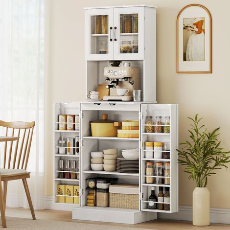 Meuble de cuisine, étagère réglable, plan de travail, portes en acrylique, passe-câbles, pour salon, cuisine, salle à manger, MDF, blanc (1/5)