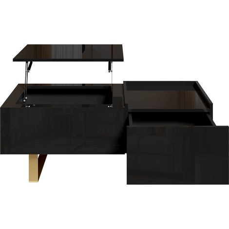Table basse hauteur réglable en MDF noir brillant avec rangement et tiroir, pieds en fer doré (1/5)