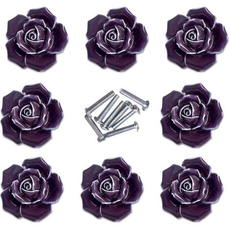 8pcs Elegant Purple Pink Pulls Flower Ceramic Cabinet Knobs Cupboard Drawer Pull Handles