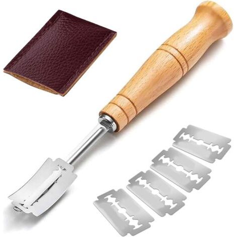 Strumento per incidere, coltello per il pane, coltello per impastare, manico in legno, coltello per il pane, lama per il pane, lama da fornaio, rasoio per il pane, spazzola da cucina, con 5 lame di ri