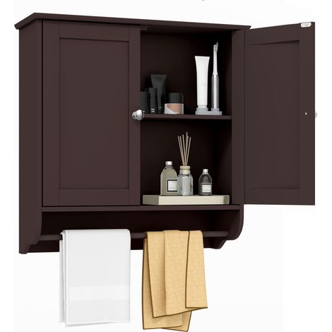 COSTWAY Wall Mounted Bathroom Cabinet Hanging Medicine Cabinet-Brown (1/5)