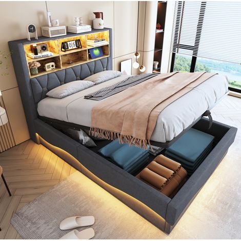 Lit coffre 140x200 LED USB avec rangement métal gris HAVRYA (1/5)