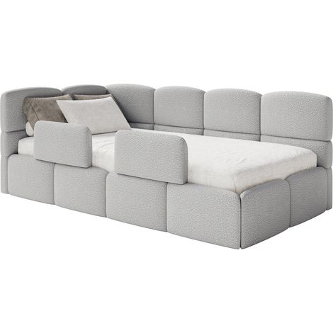 Selsey Cloudy – Kinderbett 120x200, Kopfteil links, Matratze & Bettkasten, Bouclé Hellgrau