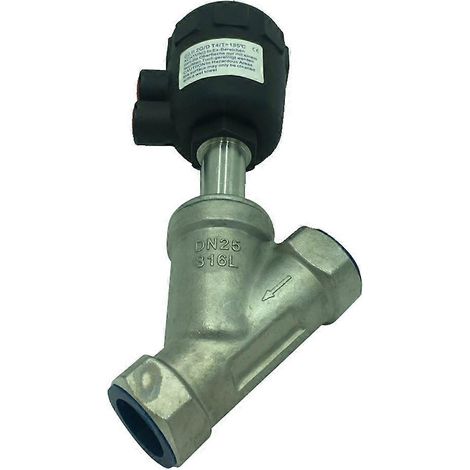 Vanne à siège incliné pneumatique, en acier inoxydable, à double effet et à commande pneumatique. (1/5)