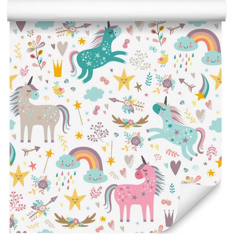 Papel pintado de unicornios coloridos al estilo escandinavo, 50x1000 cm. (1/5)
