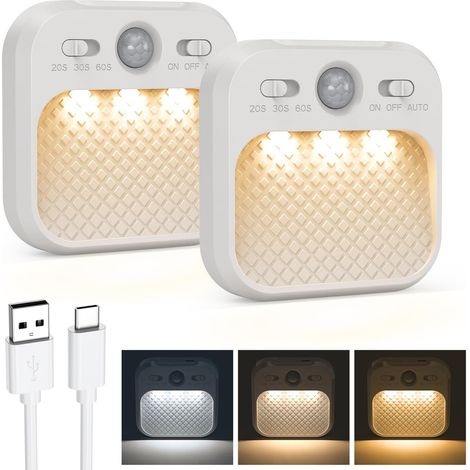 Lot de 2 veilleuses rechargeables, lampe à détecteur de mouvement à intensité variable avec minuterie, 3 modes pour escaliers, salle de bain (1/5)