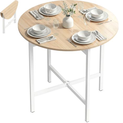 Klappbarer Esstisch, 80 cm Runder Klapptisch mit Stahlrahmen, Platz für 2-4 Personen, Naturholz-Optik