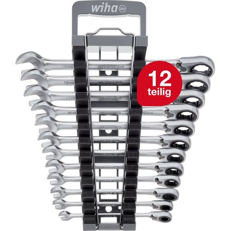 Wiha Ringratschen-Gabelschlüssel Set 12-tlg. umschaltbar inkl. Halter I Ring Ratschenschlüssel Set 8-19 mm I Maulschlüssel Satz mit Ringratsche, 44661 (1/5)