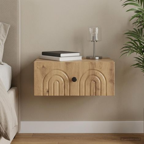Table de chevet murale 1 tiroir en bois d’ingénierie, chêne artisanal, 49 x 34,5 x 20 cm - PANGIVO (1/5)