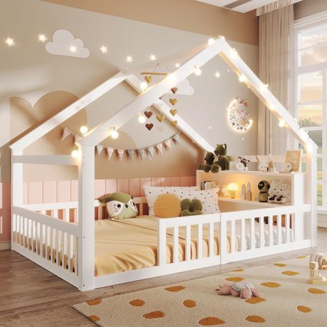 Lit plat 140x190cm, lit enfant avec barrière de sécurité, éclairage LED intégré, structure en pin, sans matelas, style minimaliste, blanc, garantie 2 ans