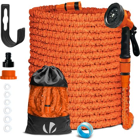 VOUNOT® Tuyau d'arrosage extensible 45m orange - 10 modes de pulvérisation - raccord et sac de rangement inclus - flexible, anti-fuite