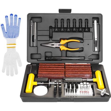 Kit de reparación de neumáticos, kit de reparación de neumáticos para automóviles de 100 piezas con manómetro, guantes, tractores y camiones (1/4)