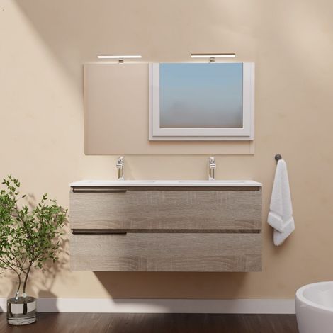Mobile Bagno Sospeso 120 Cm Con Doppio Cassetto Rovere Well, 2 Maniglie, Lavabo In Ceramica E Specchio Berlin (1/5)