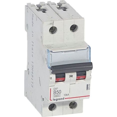 Disjoncteur DX³6000 10kA arrivée haute et départ bas à vis 2P 230V à 400V - 50A - courbe B - 2 modules - LEGRAND