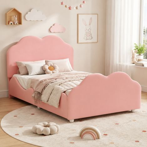 DESMIU Lit Enfant 1 Place avec Barrière et Tête de Lit Réglable 90 × 200 cm, sans matelas, Rose, Rembourré (1/5)