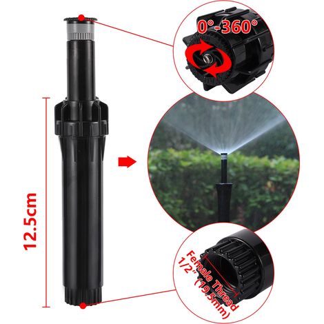 Arroseur escamotable enterré (12,5 cm) à filetage femelle 1/2", à levage automatique 360°, buse à jet diffusant, pour l'irrigation des pelouses vertes. (1/5)