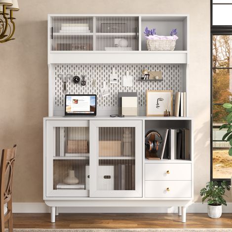 Modernluxe - Buffet de cuisine 117x30x170 cm - 4 portes coulissantes en verre et 2 tiroirs - Panneau arrière perforé - Pieds en pin - Blanc (1/5)