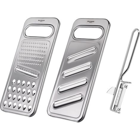 Westmark Set da 3 pezzi: grattugia universale + affettatrice per cetrioli + pelapatate, acciaio inox + Famos, argento, 100222E6 (1/5)