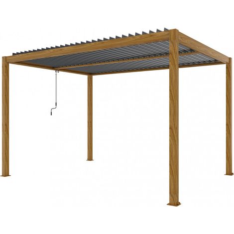 Pergola bioclimatica 3x4 in alluminio marrone effetto legno con lamelle frangisole orientabili a movimentazione manuale Velaris
