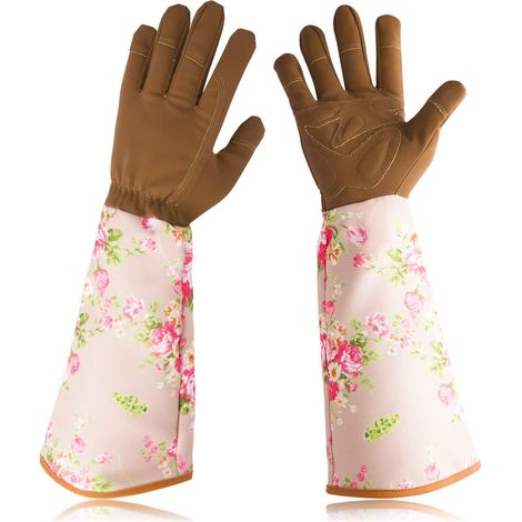 AIDUCHO Gants De Jardinage En Cuir Résistant Aux Épines Manchettes À Imprimé Floral Protection Longue De L’avant-Bras Pour Femme(Café) (1/5)